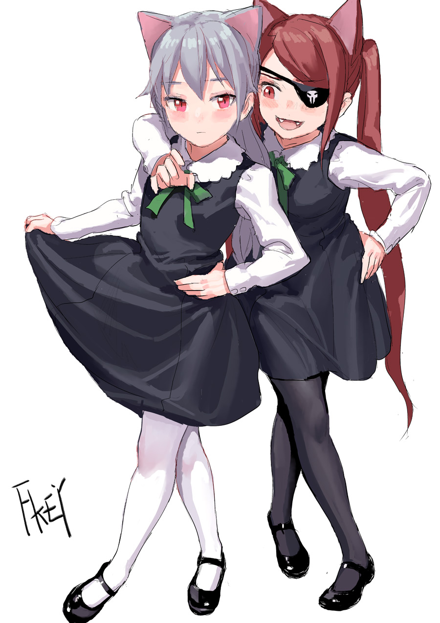 2girls :d animal_ears arm_around_neck artist_name bangs black_dress black_footwear black_legwear blush cat_ears chinese_commentary commentary_request dress eyebrows_visible_through_hair eyepatch fkey full_body green_neckwear green_ribbon hair_between_eyes hand_on_hip highres long_hair looking_at_another mary_janes multiple_girls neck_ribbon open_mouth original pantyhose pink_eyes red_eyes redhead ribbon shirt shoes signature silver_hair simple_background skirt_hold skull_print smile standing swept_bangs twintails very_long_hair white_background white_legwear white_shirt