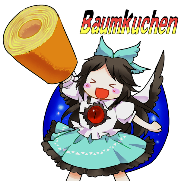 &gt;_&lt; 1girl :d alternate_weapon arm_up baumkuchen black_hair black_wings blush_stickers bow cake cape food german_flag hair_bow long_hair open_mouth puffy_sleeves reiuji_utsuho roll_cake short_sleeves simple_background sisenshyo skirt smile solo text third_eye touhou weapon white_background wings