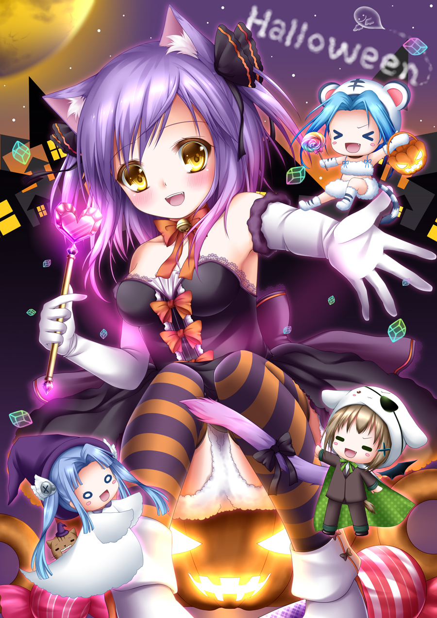 &gt;_&lt; 3girls :d =_= animal_costume animal_ears blue_hair blush blush_stickers brown_hair candy cat cat_ears cat_tail chibi dress elbow_gloves eyepatch fang gloves hair_ornament halloween hat highres holding jack-o'-lantern jack-o'-lantern lollipop long_hair moon multiple_girls o_o open_mouth original purple_hair shitou short_hair smile striped striped_legwear sweets swirl_lollipop tail thigh-highs thighhighs twintails wand witch_hat yellow_eyes