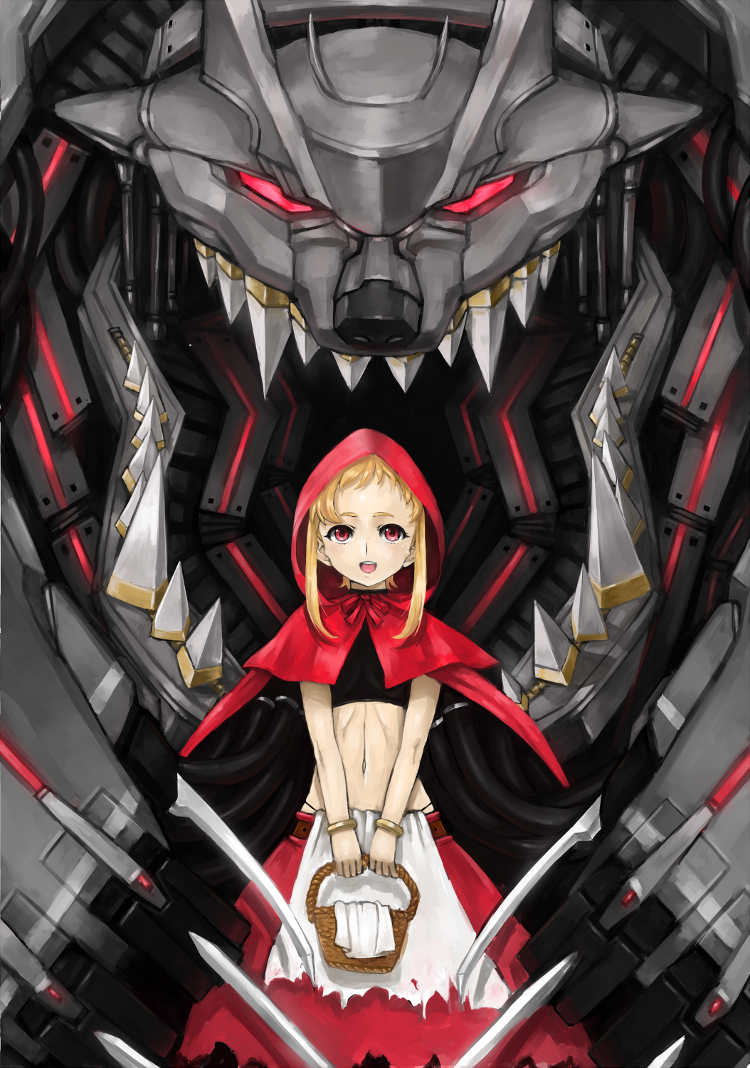 basket big_bad_wolf_(grimm) blonde_hair capelet crop_top glowing glowing_eyes grimm's_fairy_tales grimm's_fairy_tales highres hood little_red_riding_hood little_red_riding_hood_(grimm) madarame mecha mechanization payot red_eyes science_fiction sharp_teeth short_hair skirt torn_clothes torn_skirt
