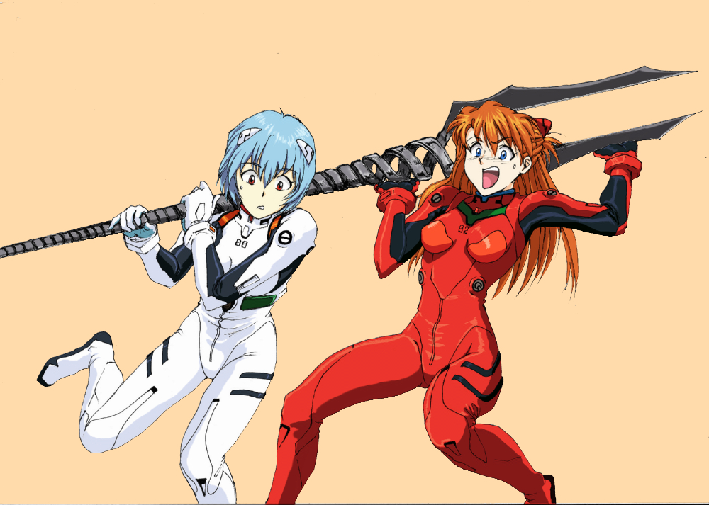 ayanami_rei blue_eyes bodysuit brown_hair carrying carrying_over_shoulder lance_of_longinus long_hair multiple_girls neon_genesis_evangelion open_mouth over_shoulder plugsuit red_eyes rx92 short_hair simple_background soryu_asuka_langley souryuu_asuka_langley sweatdrop tan_background two_side_up weapon weapon_over_shoulder
