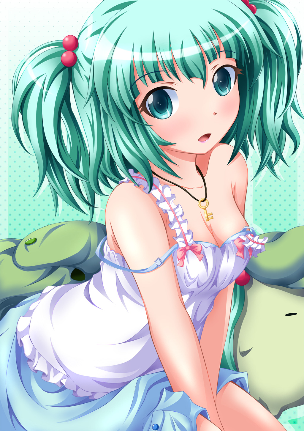 backpack bag blue_bra bra breasts cleavage collarbone green_eyes green_hair hair_bobbles hair_ornament highres jacket jacket_removed jewelry kawashiro_nitori key looking_at_viewer neats necklace no_hat no_headwear off_shoulder open_mouth sitting skirt solo strap_slip touhou twintails undershirt underwear v_arms