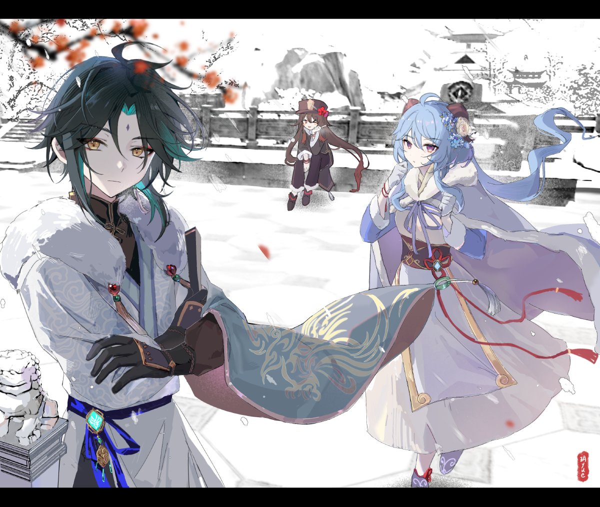 1boy 2girls :p ahoge bangs black_coat black_footwear black_gloves black_hair black_pants black_sash blue_footwear blue_gloves blue_hair blue_ribbon boots bracelet brown_hair chinese_knot closed_mouth coat commentary crossed_arms dress expressionless facial_mark flower forehead_mark ganyu_(genshin_impact) genshin_impact gloves green_hair hair_flower hair_ornament horns hu_tao_(genshin_impact) jewelry letterboxed long_hair long_sleeves looking_at_viewer multicolored_hair multiple_girls one_eye_closed pants ribbon sash shemika98425261 shoes short_hair sidelocks sitting smile snow streaked_hair tongue tongue_out twintails very_long_hair violet_eyes vision_(genshin_impact) white_coat white_dress wide_sleeves winter wrist_guards xiao_(genshin_impact) yellow_eyes