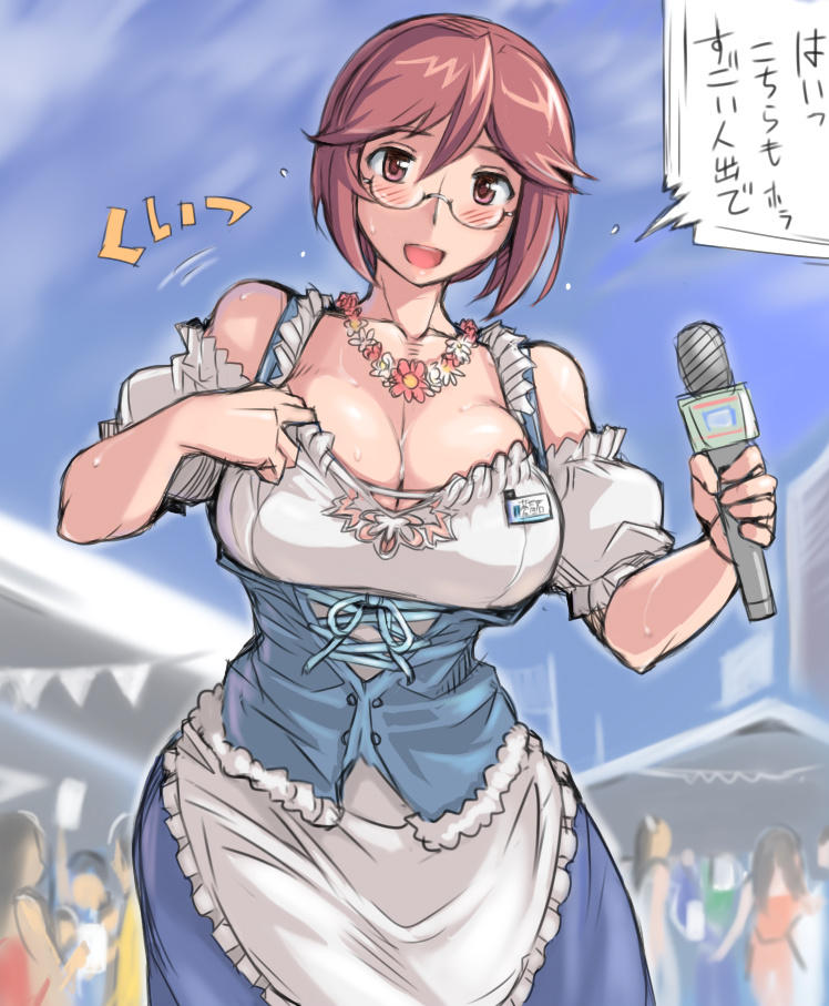adult badge bar_maid bespectacled blush breasts brown_eyes brown_hair cleavage cleavage_cutout corset crowd dirndl dress flower_necklace flying_sweatdrops glasses jpeg_artifacts large_breasts microphone oktoberfest open_mouth rozen_maiden rozenweapon solo souseiseki speech_bubble sweat text translated translation_request