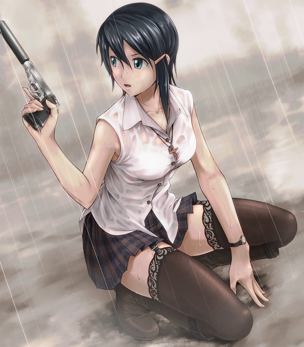 blue_eyes blue_hair boots bra breasts cross doku_hebi garters gun hair_ornament hairclip handgun highres idolmaster idolmaster_dearly_stars jewelry lace lace-trimmed_thighhighs mizutani_eri necklace open_mouth rain see-through short_hair skirt solo squatting suppressor thighhighs trigger_discipline underwear walther_ppk watch weapon wet wet_clothes