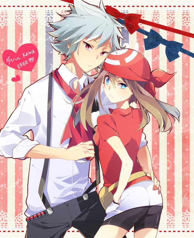 1boy 1girl ass ass_grab bandana bandanna belt_pouch bike_shorts black_bike_shorts blue_eyes bow brown_hair fanny_pack hand_in_pocket haruka_(pokemon) heart height_difference looking_at_viewer miyamotokannn necktie poke_ball pokemon pokemon_(game) pokemon_rse red_eyes shirt silver_hair striped striped_background suspenders tsuwabuki_daigo twintails waist_poke_ball