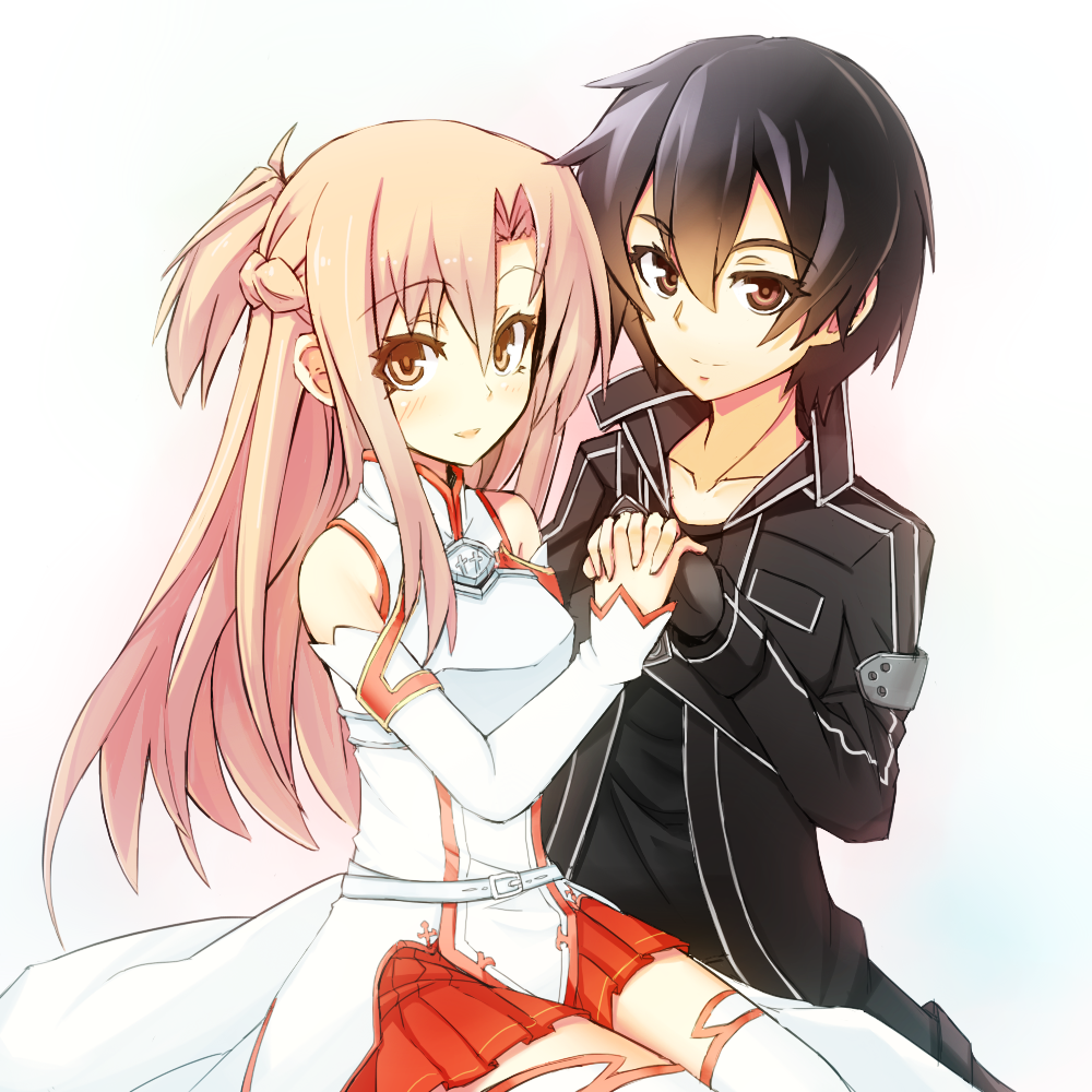 1girl androgynous asuna_(sao) bare_shoulders black_hair blush breastplate brown_eyes brown_hair couple detached_sleeves hand_holding holding_hands kirito long_hair looking_at_viewer nahu skirt smile sword_art_online thigh-highs thighhighs white_background white_legwear