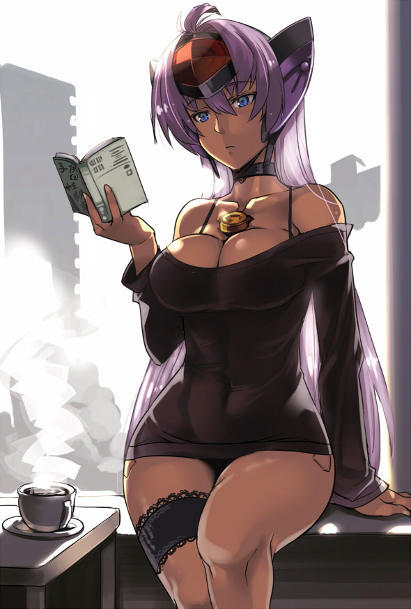 alternate_costume arm_support bare_shoulders blue_eyes book bra_strap breasts casual choker cleavage clothed_navel cup curvy cyborg dark_skin garters hijiri large_breasts legs long_hair purple_hair reading revision short_dress sitting solo t-elos thigh_strap thighs very_long_hair xenosaga
