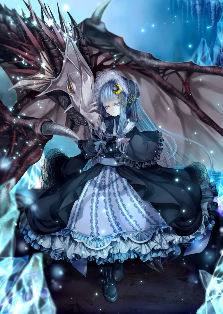 1girl alternate_costume boots capelet crescent dragon dress fang frills gothic_lolita hair_ornament lolita_fashion long_hair patchouli_knowledge purple_hair silentdin solo touhou violet_eyes yellow_eyes