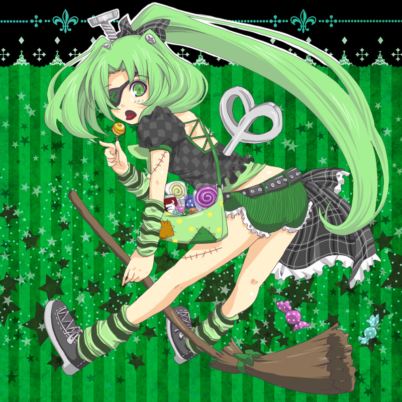 alternate_costume bag bow candy cure_march eyepatch green green_background green_eyes green_hair hair_bow halloween kasetsu lollipop long_hair looking_back midorikawa_nao ponytail precure screw shoes shorts smile_precure! sneakers socks solo star starry_background swirl_lollipop tongue tri_tails winding_key
