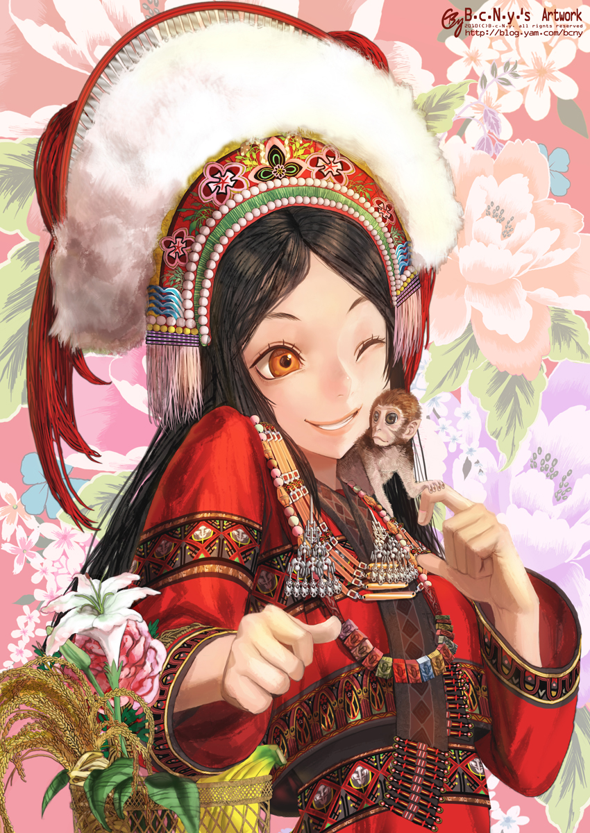 b.c.n.y. big_eyes black_hair blinking chinese_clothes flower hair_ornament highres jewelry long_hair monkey necklace orange_eyes original pearl smile taiwan traditional_clothes watermark