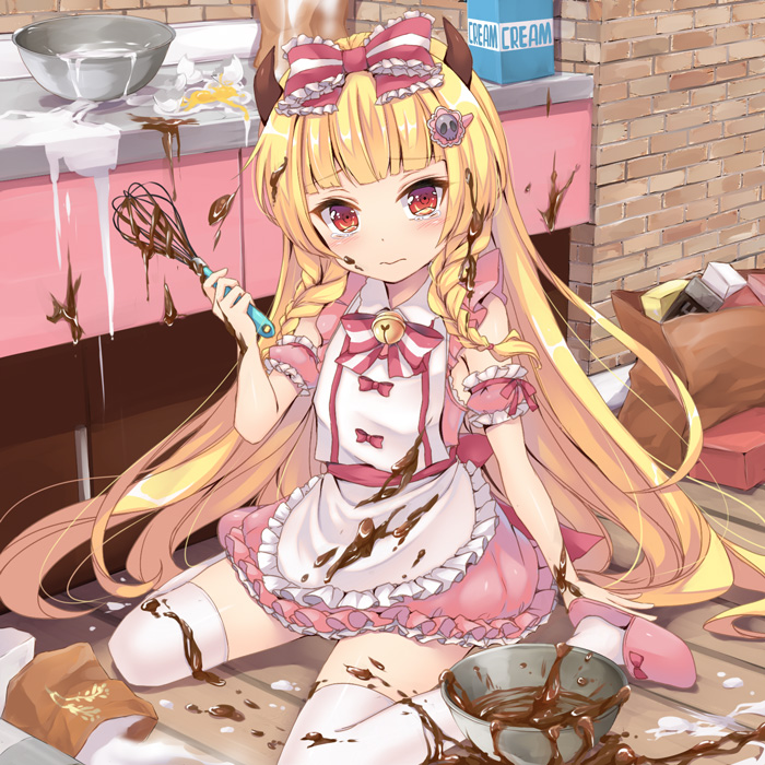 1girl apron arm_strap bag bell blonde_hair blush bow bowl braid chocolate chocolate_making chocolate_on_face chocolate_on_foot cream dirty_clothes dress egg hair_bow horns kidatsu!_dungeons_lord kitchen kyoma_(yellowxcake) long_hair messy_room original pink_dress red_eyes shopping_bag sitting solo spilling tears thigh-highs thigh_beads twin_braids valentine very_long_hair waist_apron wariza wavy_mouth whisk white_legwear zettai_ryouiki