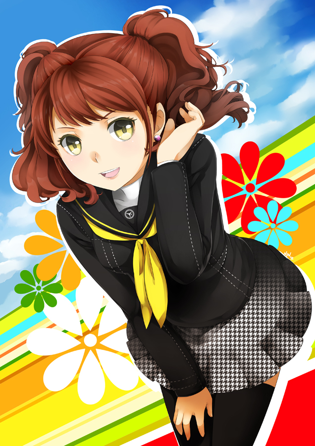 1girl adjusting_hair atlus bent_over black_legwear brown_hair earrings female_focus floral_background jewelry kujikawa_rise megami_tensei moe ninamo persona persona_4 pleated_skirt school_uniform skirt smile solo thighhighs yellow_eyes