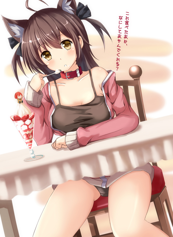 animal_ears black_panties blush brown_hair cat_ears chair collar collarbone food fruit hair_ribbon holding holding_spoon ice_cream long_hair looking_at_viewer ok-ray original panties pantyshot pantyshot_(sitting) ribbon short_twintails sitting solo spoon strawberry sundae table text translated translation_request twintails two_side_up underwear yellow_eyes