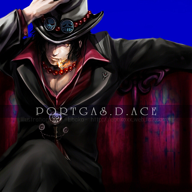 1boy black_hair character_name fire formal hand_on_hat hat jewelry legs_crossed looking_at_viewer male mouth_hold necklace one_piece portgas_d_ace sad_face short_hair sitting smiley_face smoking solo suit suu_(knzksu)