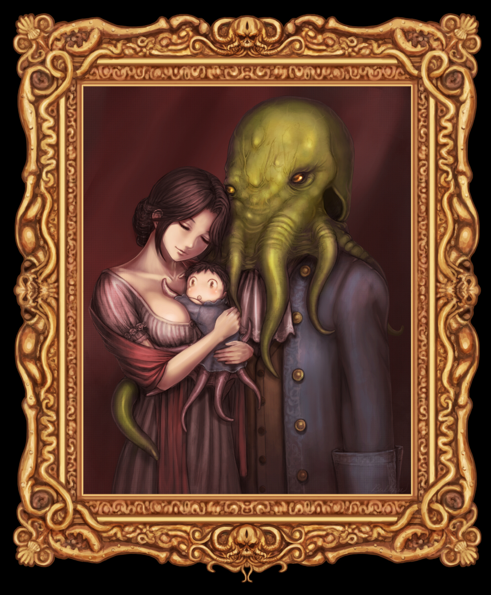 bad_end burunuu_(bullnukko) couple cthulhu cthulhu_mythos domo elaborate_frame family frame highres hug if_they_mated lovecraft monster no_nose painting painting_(object) parody pride_and_prejudice revision skull tentacle tentacles