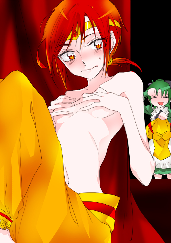 blush breasts covering covering_breasts green_hair hino_akane maid midorikawa_nao multiple_girls open_mouth precure red_eyes red_hair redhead short_hair smile_precure! tima topless