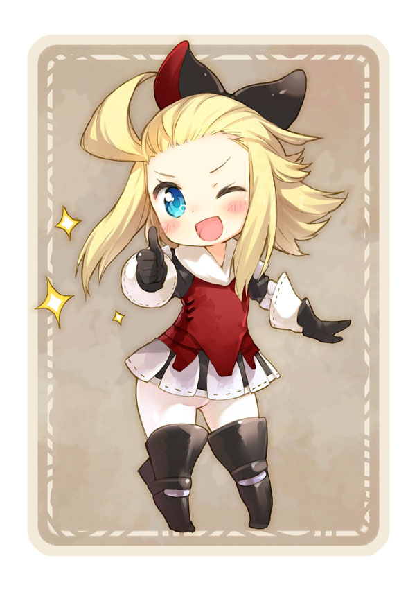 &gt;;d armor armored_dress blonde_hair blue_eyes blush boots bow bravely_default:_flying_fairy bravely_default_flying_fairy chibi edea_lee gloves hair_bow kito_(sorahate) looking_at_viewer open_mouth pantyhose ribbon smile solo sparkle standing thumbs_up tights wide_hips wink