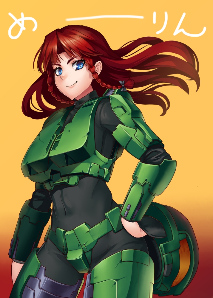 armor blue_eyes braid halo_(game) hand_on_hip headwear_removed helmet helmet_removed holding hong_meiling long_hair looking_at_viewer master_chief master_chief_(cosplay) red_hair redhead smile solo taketora touhou twin_braids