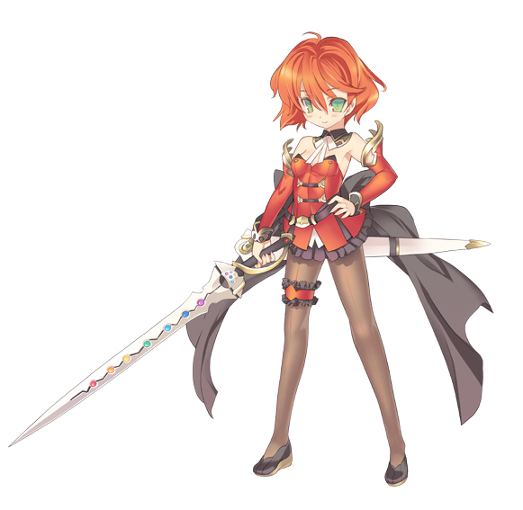 agarest_senki_mariage bare_shoulders blade_(lovewn) character_request detached_sleeves full_body green_eyes hand_on_hip legs light_smile official_art pantyhose red_hair redhead shiera_(agarest_senki) short_hair simple_background skirt solo standing sword weapon white_background