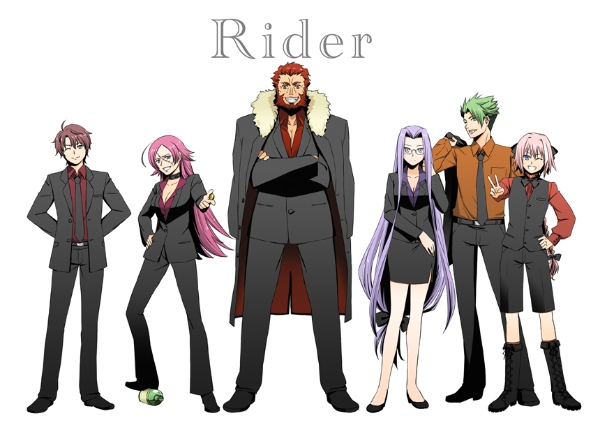 2girls 4boys fate/apocrypha fate/extra fate/prototype fate/stay_night fate/zero fate_(series) formal green_hair multiple_boys multiple_girls pink_hair purple_hair redhead rider rider_(fate/extra) rider_(fate/prototype) rider_(fate/zero) rider_of_black rider_of_red shimaneko suit