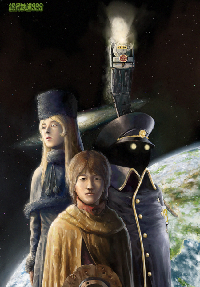 blonde_hair brown_hair cape coat conductor_(ginga_tetsudou_999) earth epic galaxy ginga_tetsudou_999 hat hoshino_tetsurou long_hair maetel oldschool planet realistic science_fiction space space_craft space_train star_(sky) three-nine_(space_train) uniform