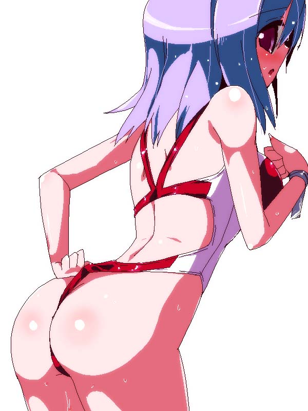 :o ass blue_hair blush competition_swimsuit hazumi_miruku long_hair looking_back one-piece_swimsuit one-piece_thong original purple_eyes simple_background solo swimsuit violet_eyes white_background