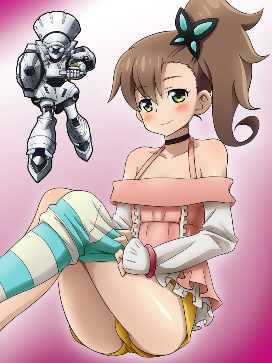 aiming bare_shoulders blush brown_hair butterfly_hair_ornament chousoku_henkei_gyrozetter dressing flat_chest green_eyes hair_ornament highres inaba_rinne long_hair long_sleeves looking_at_viewer mameshiba mecha prius_alpha ribbon_choker shorts side_ponytail single_thighhigh smile solo striped striped_legwear thigh-highs thighhighs