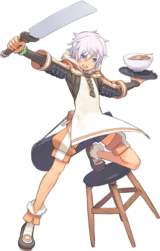 :d blue_eyes blush bowl chopsticks holding kuroboshi_kouhaku lyurm male open_mouth outstretched_arms rai_(summon_night) smile solo stool summon_night summon_night_4 transparent_background tray weapon white_hair