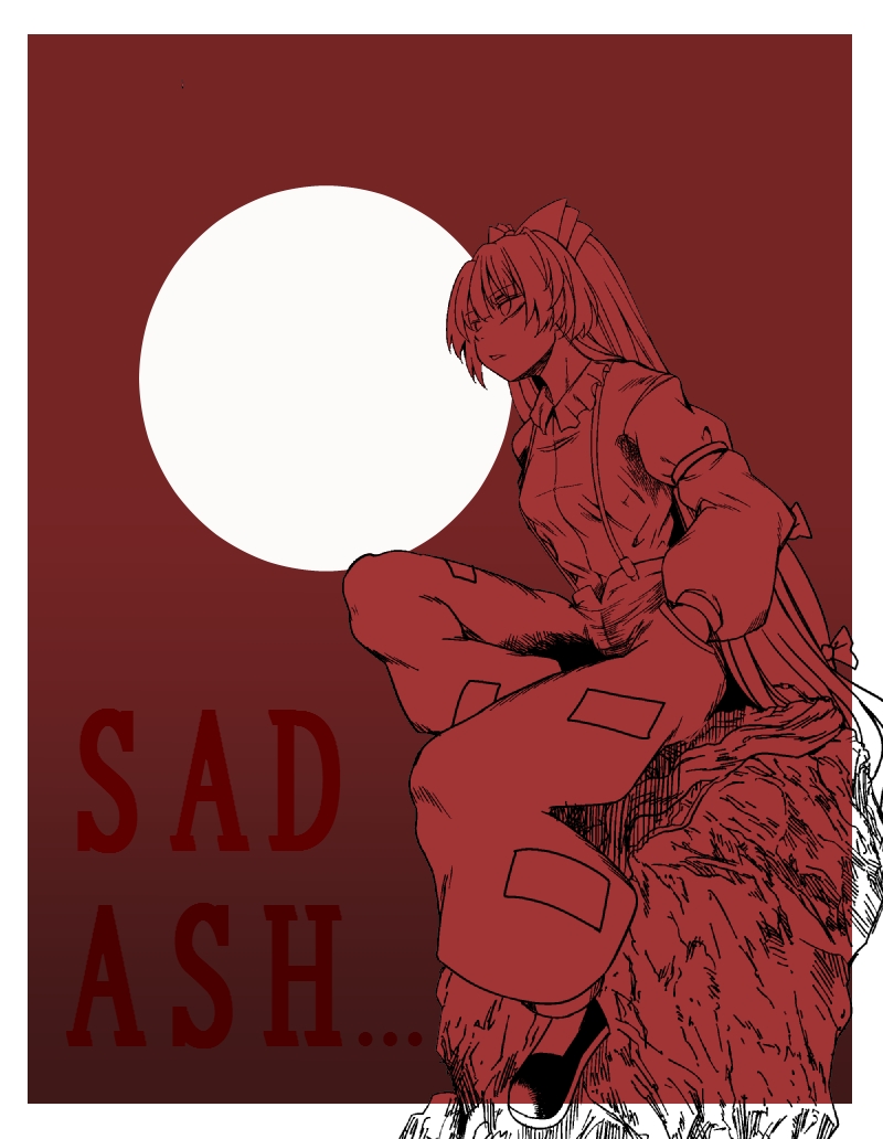 english fujiwara_no_mokou full_body full_moon hand_in_pocket hands_in_pockets long_sleeves monochrome moon pants parted_lips puffy_long_sleeves puffy_sleeves red sitting solo stone tetsua_rei touhou