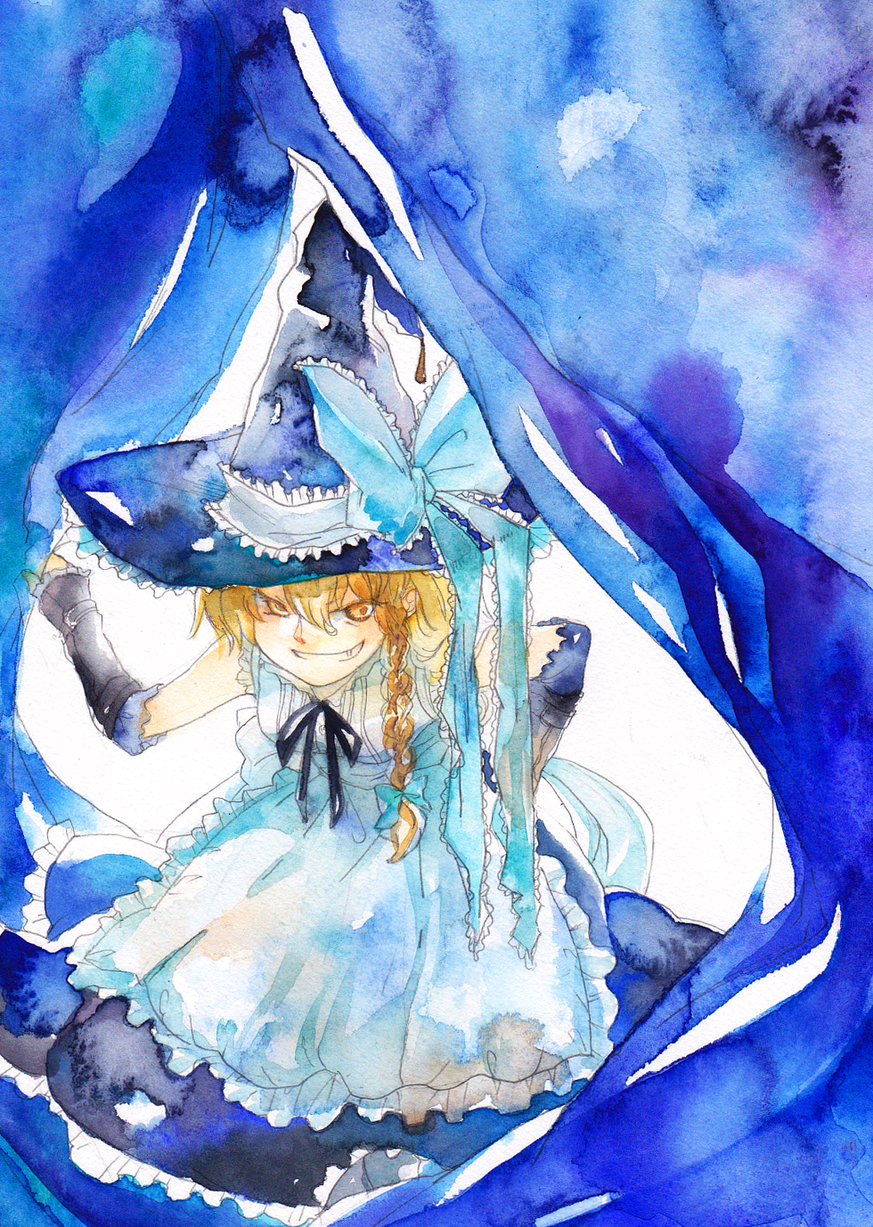adapted_costume apron blonde_hair bow campanula-star evil_grin evil_smile fang fingerless_gloves frills gloves grin hat highres kirisame_marisa long_hair smile solo touhou traditional_media watercolor_(medium) witch_hat yellow_eyes