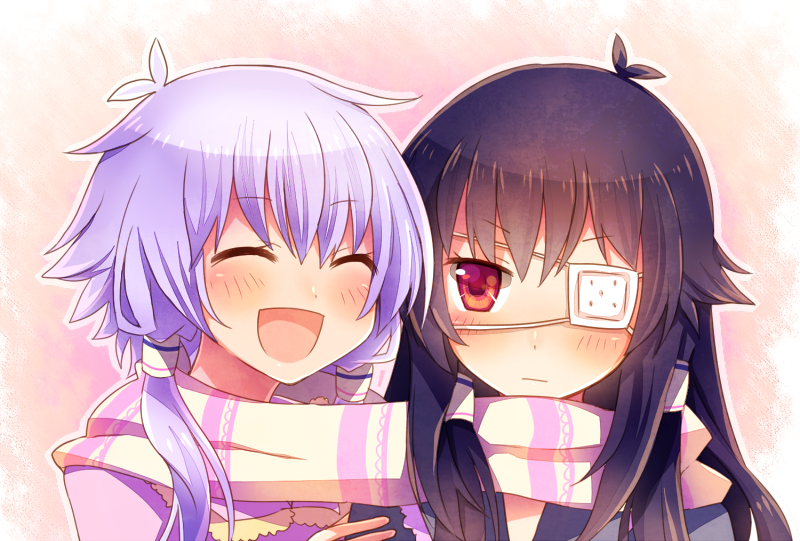 :d ^_^ bare_shoulders black_hair blush character_request closed_eyes eyepatch eyes_closed hair_tubes long_hair moe_on_drop multiple_girls open_mouth purple_hair scarf shared_scarf smile vocaloid yuzuki_yukari