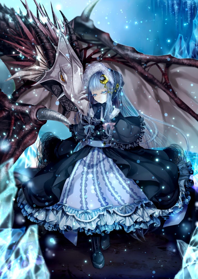 1girl alternate_costume boots capelet crescent dragon dress fang frills gothic_lolita hair_ornament lolita_fashion long_hair patchouli_knowledge purple_hair revision silentdin solo touhou violet_eyes yellow_eyes