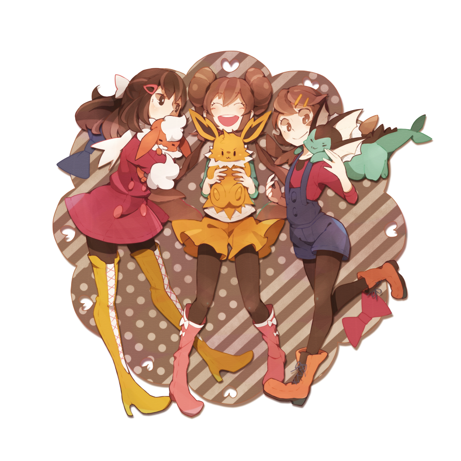 3girls black_hair black_legwear boots bow brown_eyes brown_hair carrying closed_eyes double_bun flareon hair_ornament hair_ribbon hairclip hikari_(pokemon) jolteon kotone_(pokemon) laughing legwear_under_shorts long_hair mei_(pokemon) multiple_girls open_mouth overalls pantyhose pokemon pokemon_(creature) pokemon_(game) pokemon_bw2 pokemon_dppt pokemon_hgss raglan_sleeves ribbon scarf shorts thigh-highs thigh_boots thighhighs twintails vaporeon winter_clothes yamaarashi