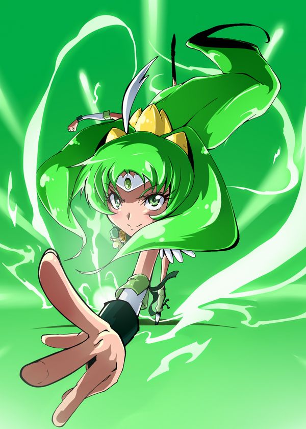 1girl boots cure_march fingerless_gloves gloves green_eyes green_hair high_heels long_hair looking_at_viewer magical_girl midorikawa_nao ponytail precure ribbon serious shoes smile_precure! solo taroimo_(takesan) tiara tri_tails very_long_hair wrist_cuffs