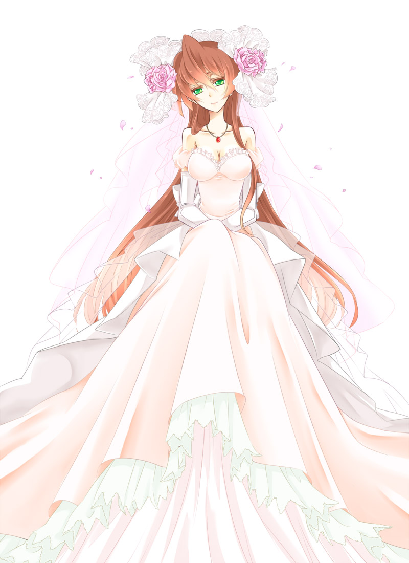 adult asagi_marin breasts brigadoon brown_hair cleavage dress flower gloves green_eyes hair_flower hair_ornament hair_ribbon jewelry long_hair necklace pink_rose ribbon rose shino-o smile solo wedding_dress white_background white_dress