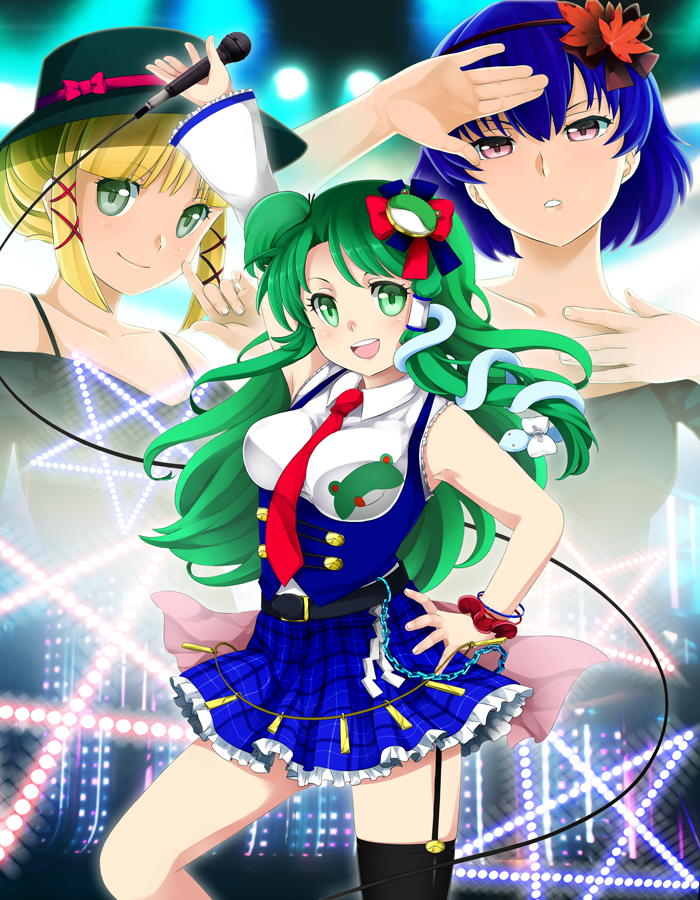 alternate_costume alternate_hairstyle asymmetrical_clothes bare_shoulders belt black_legwear blonde_hair blue_hair bracelet breasts chain chains danmaku detached_sleeves frog_hair_ornament garter_straps green_eyes green_hair hair_ornament hand_on_hip hat idol jewelry kochiya_sanae leaf microphone moriya_suwako multiple_girls necktie ninamo plaid pleated_skirt red_eyes ribbon scrunchie single_thighhigh skirt snake_hair_ornament star thigh-highs thighhighs touhou yasaka_kanako