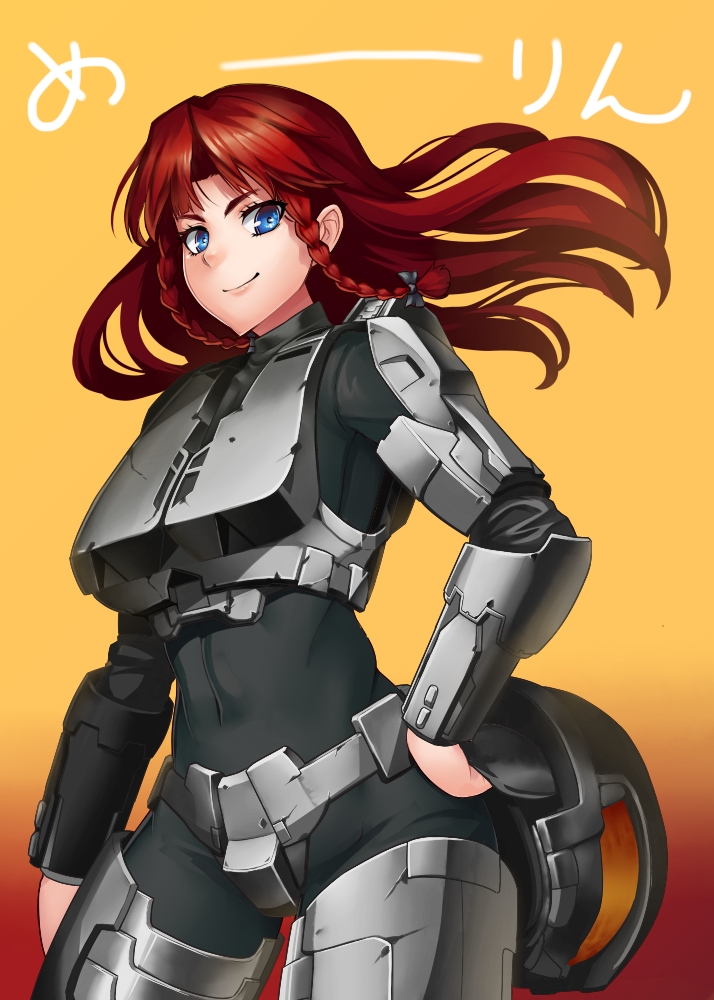 armor blue_eyes braid hair_ribbon halo_(game) hand_on_hip helmet holding hong_meiling long_hair looking_at_viewer master_chief master_chief_(cosplay) red_hair redhead ribbon smile solo taketora touhou twin_braids