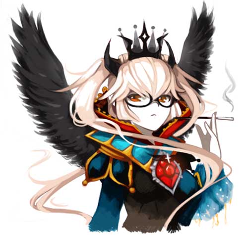 blonde_hair cigarette cigarette_holder copyright_request crown glasses horns long_hair lowres orange_eyes queen royal royalty signomi smoking solo twintails wings