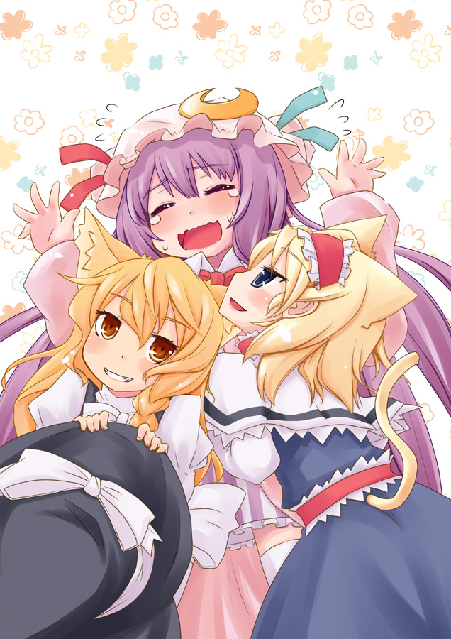 alice_margatroid animal_ears arms_up blonde_hair blue_eyes blush braid capelet cat_ears cat_tail crescent flower hairband hat hat_removed hat_ribbon headwear_removed kemonomimi_mode kirisame_marisa long_hair mayuge_inu multiple_girls patchouli_knowledge purple_eyes purple_hair ribbon short_hair smile tail touhou witch_hat yellow_eyes