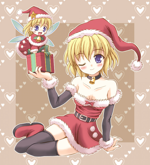 :d ;) alice_margatroid alternate_costume arm_support artist_request bangs bare_shoulders bell belt black_legwear blonde_hair blush boots breasts capelet choker christmas cleavage collarbone detached_sleeves doll dress fairy_wings flying gift grey_background hat head_tilt heart hips holding holding_gift legs looking_at_viewer matching_shanghai no_bra open_mouth purple_eyes red_dress ribbon santa_costume santa_hat shanghai shanghai_doll short_hair sitting skindentation smile solo star thighhighs touhou wings wink yokozuwari yomogi_fumika zettai_ryouiki