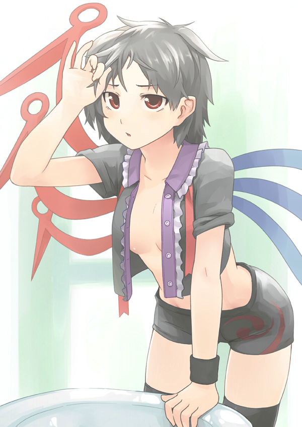 asymmetrical_wings black_hair black_legwear black_thighhighs breasts gekkan-kurobuta houjuu_nue kurobuta_gekkan messy_hair no_bra open_clothes open_shirt red_eyes shirt short_hair short_shorts shorts solo thigh-highs thighhighs touhou untied wings zettai_ryouiki