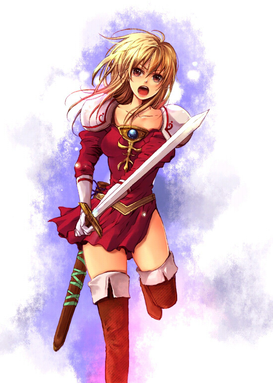 bad_id blonde_hair boots fire_emblem fire_emblem:_seisen_no_keifu fire_emblem_genealogy_of_the_holy_war jewelry lachesis lachesis_(fire_emblem) long_hair mh_(m20-junta) open_mouth red_eyes shoulder_pads solo sword thigh-highs thigh_boots thighhighs weapon zettai_ryouiki