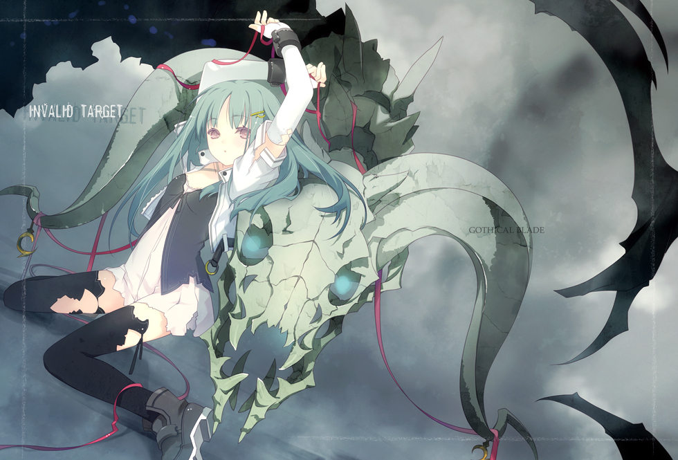 green_hair long_hair original ribbon ruroo skull solo thigh-highs thighhighs torn_clothes zettai_ryouiki