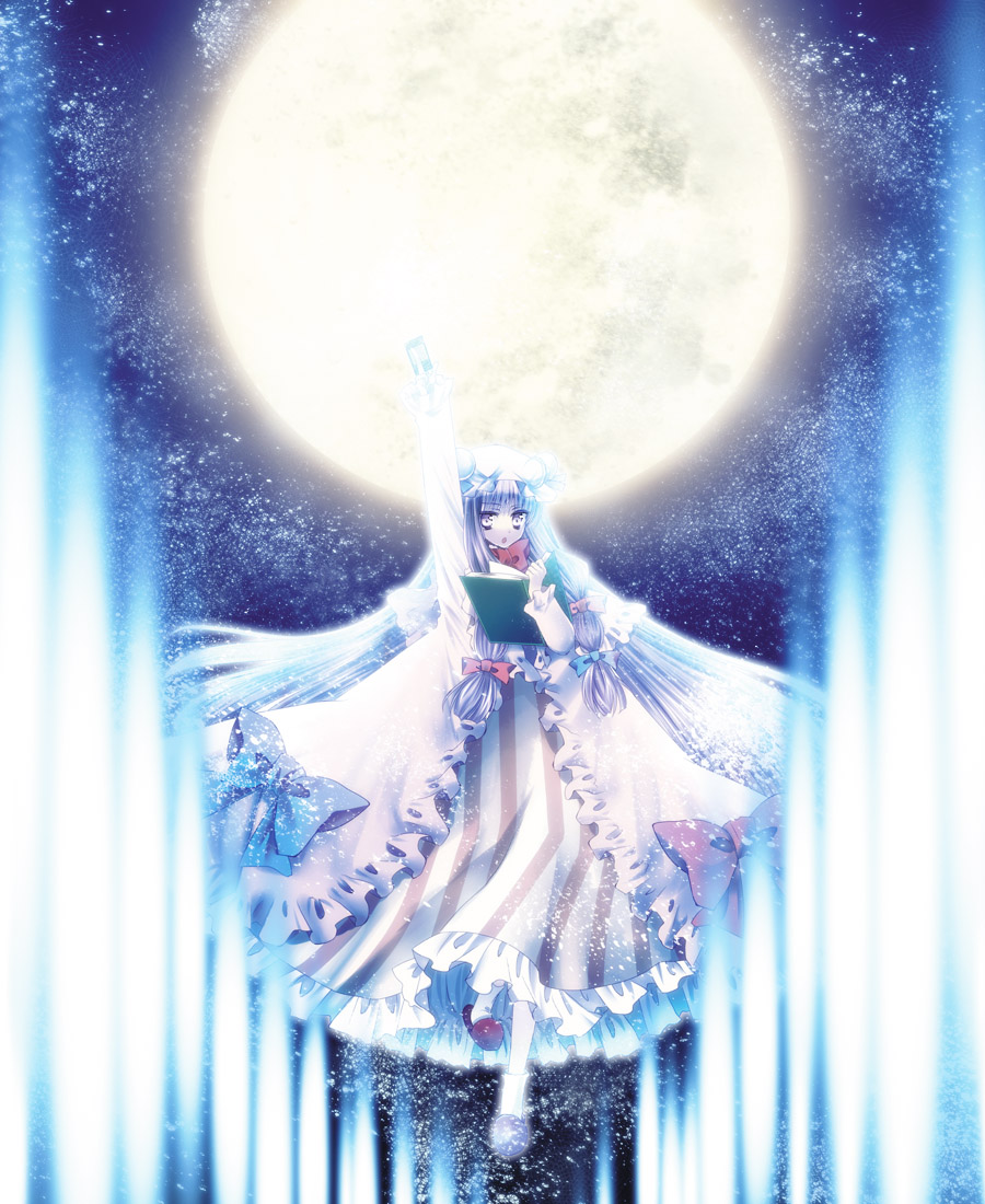 bow card crescent danmaku dress floating full_moon hair_bow hair_ribbon hat holding holding_card kokono_coco long_hair long_sleeves moon moonlight open_mouth outstretched_arm patchouli_knowledge purple_eyes purple_hair ribbon slippers socks solo touhou very_long_hair violet_eyes yellow_eyes
