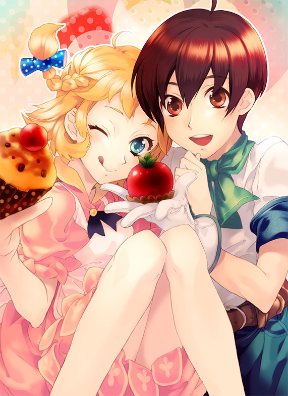 ahoge akiyoshi_haru apple apron belt blonde_hair blue_eyes bokujou_monogatari_(series) bow braid brown_eyes brown_hair couple cupcake dress food fruit gloves hair_bow haru_(noppopo) harvest_moon harvest_moon_tree_of_tranquility holding holding_fruit kevin_(harvest_moon) maya_(harvest_moon) open_mouth pants red_eyes scarf short_hair short_sleeves smile tongue wink