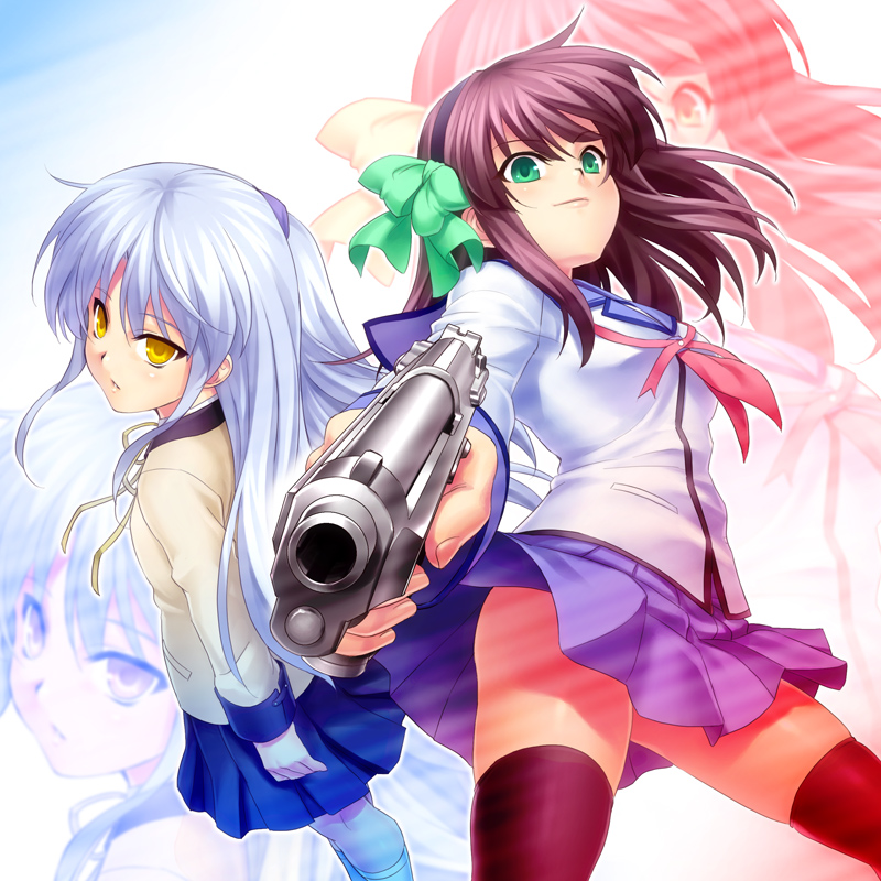 aqua_eyes beretta_92 black_legwear black_thighhighs blazer blue_hair gun hair_ribbon long_hair purple_hair ribbon school_uniform serafuku short_hair tachibana_kanade thigh-highs thighhighs weapon yellow_eyes yuri_(angel_beats!) zen zettai_ryouiki