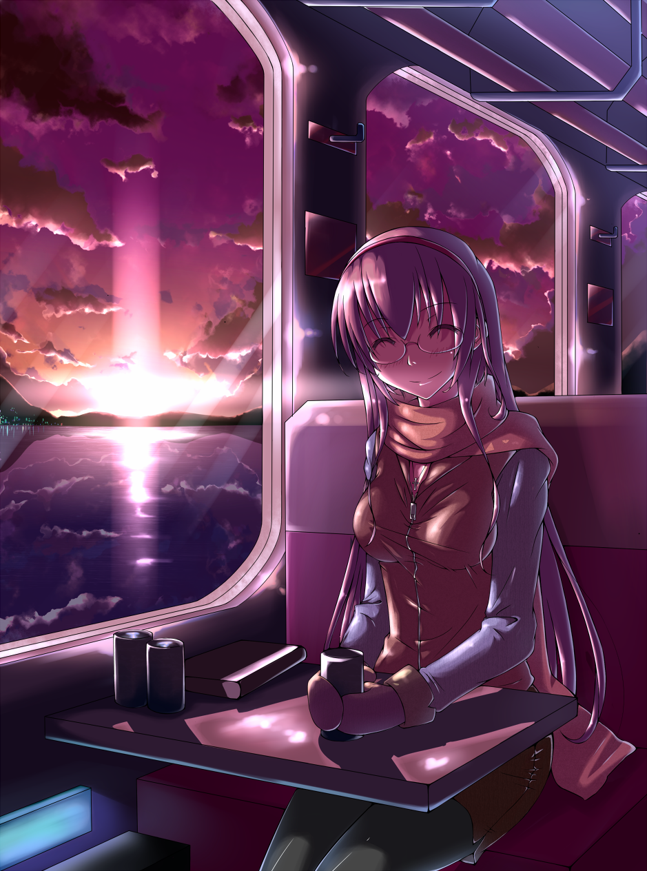 akimoto bespectacled blush casual cloud clouds glasses gloves hairband highres long_hair megurine_luka mittens pantyhose pink_hair scarf scenery sitting sky smile solo sunset train train_interior vocaloid