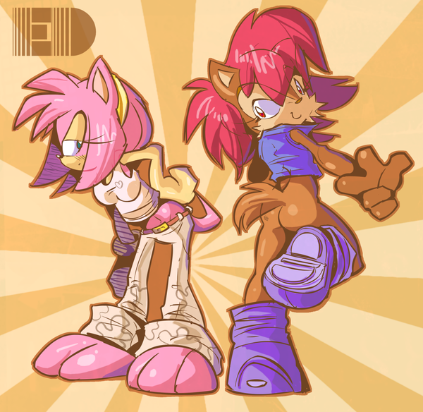 amy_rose animal_ears ass barefoot boots bottomless edtropolis feet furry looking_back midriff paws sally_acorn shoes smile sonic_team sonic_the_hedgehog tail toes