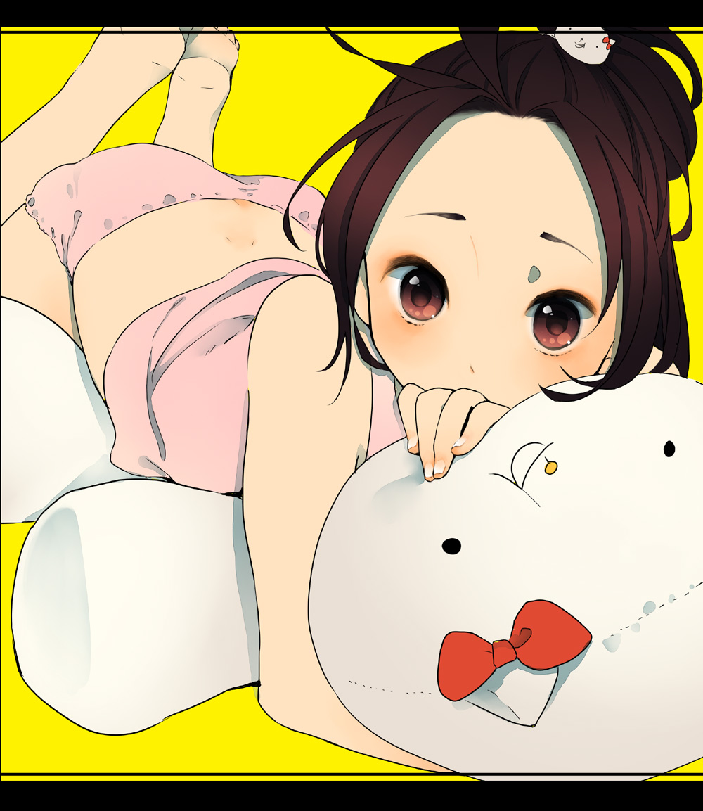 1girl axis_powers_hetalia bad_id barefoot brown_eyes brown_hair china_(hetalia) crossdressing crossdressinging cute face foreshortening goroo hands hello_kitty long_hair male shinatty-chan solo stuffed_animal stuffed_toy trap yellow_background